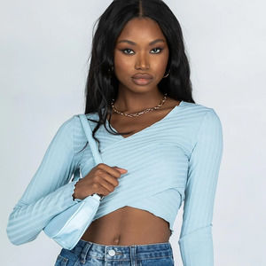 Princess Polly | Baby Blue Ribbed Cross-Over Long Sleeve Abigail Crop Top
